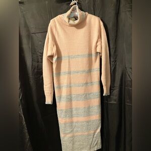 1980s Dusty Pink & Gray Striped Long Sleeve Turtleneck Sweater Dress